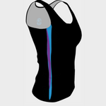 Débardeur (long) noir avec ligne bleue et mauve et petit logo Mission Santé au dos