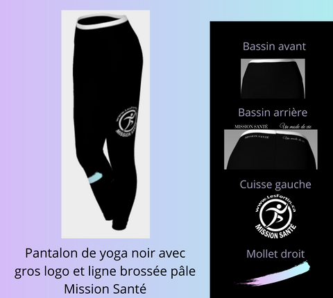 Pantalon de yoga noir avec gros logo et ligne brossée pâle - Mission Santé